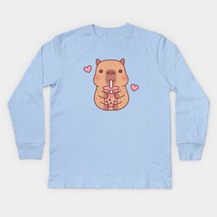 Cute Little Capybara Loves Bubble Tea Kids Long Sleeve T-Shirt